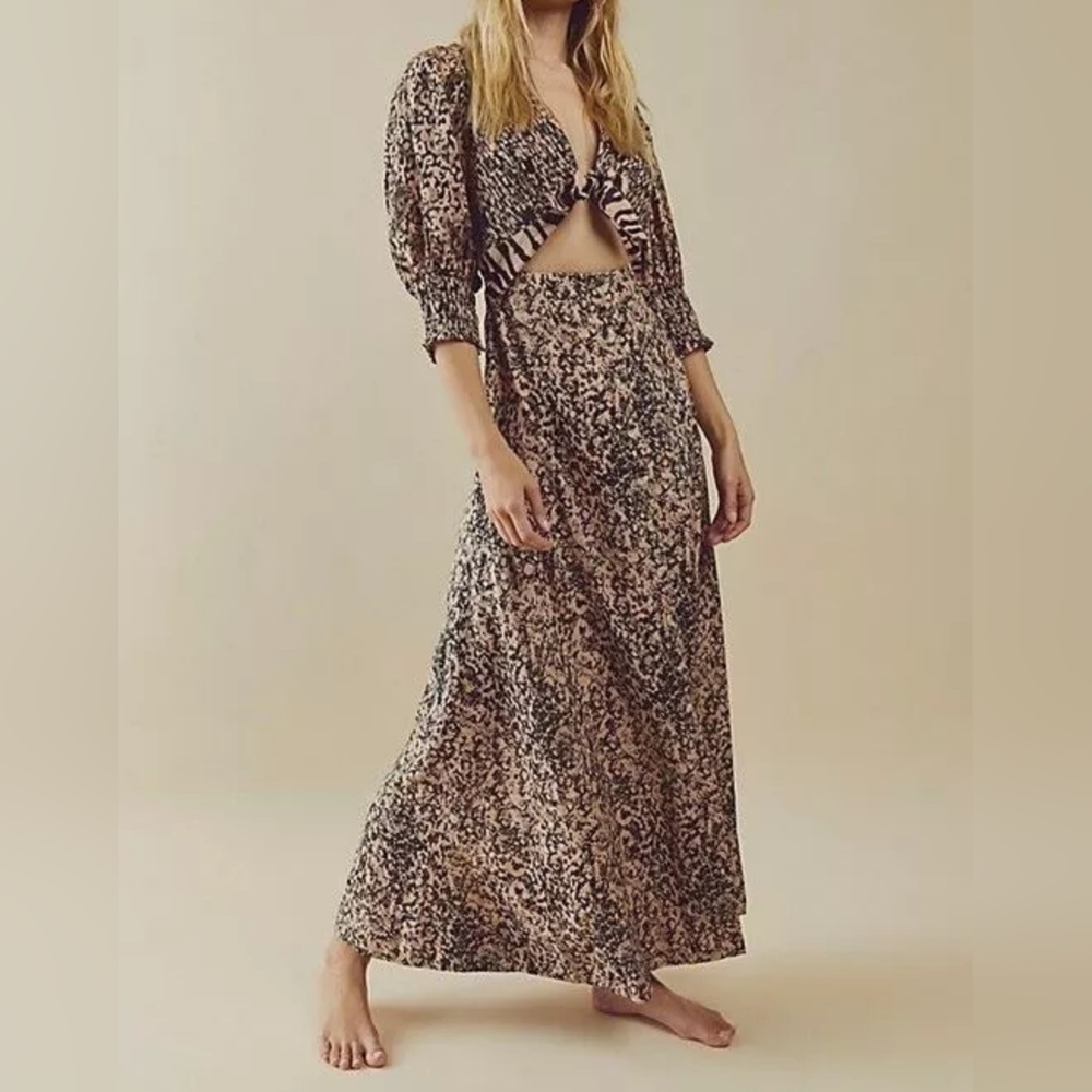 Free People String Of Hearts Printed Maxi Smocked V-Neck Dress Tan & Black Sz L - Picture 1 of 15